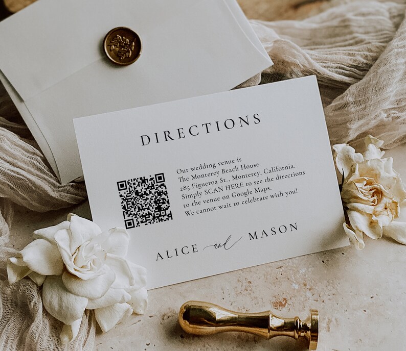 Simple Directions Card With QR Code, Classic Minimalist Script ...