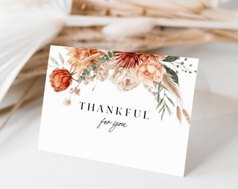 Thanksgiving Greeting Card, Fall Watercolor Printable Cards, Folded Thankful, Editable Autumn Holidays Thanksgiving Template, SN039T_TFC