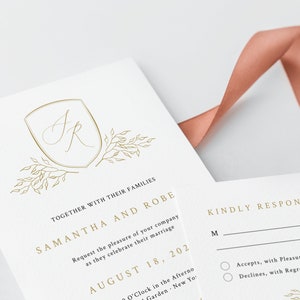 Gold Wedding Crest Invitation Suite, Gold Calligraphy Wedding Suite, Classic Invitation with RSVP and Details Card, SN105G_WIS