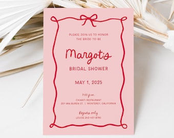 Whimsical Bow Bridal Shower Invitation, Berry and Pink Handwritten Template with a Wavy Ribbon Bow Border, Retro Invite Editable, SN800_BS