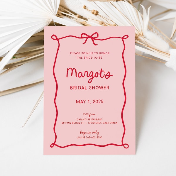 Whimsical Bow Bridal Shower Invitation, Berry and Pink Handwritten Template with a Wavy Ribbon Bow Border, Retro Invite Editable, SN800_BS