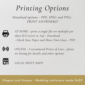 May include: A printable wedding stationery guide with options for printing at home, online, or at a local print shop. The guide includes instructions for printing a single file or multiple files per sheet, saving paper, and showing trim lines. The guide also recommends Prints of Love for online printing.