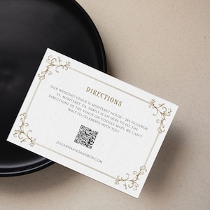Baroque Directions Card with QR Code, Vintage Gold Printable Location Enclosure Template, Google Maps Link Insert, SN1100_DQR