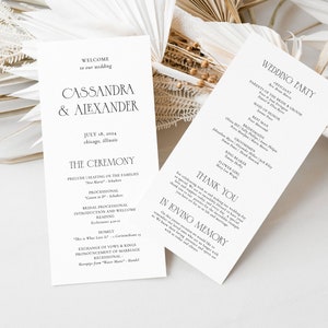 May include: Wedding ceremony programme with a white background and black text. The programme includes the names of the bride and groom, Cassandra & Alexander, the date of the wedding, July 18, 2014, and the location, Chicago, Illinois. The programme also includes the order of the ceremony, including the processional, readings, and recessional.