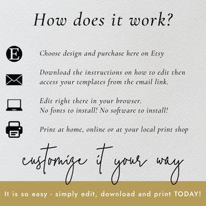 Op de afbeelding: Hoe werkt het? Kies een ontwerp en koop het hier op Etsy. Download de instructies over hoe je het kunt bewerken en krijg vervolgens toegang tot je sjablonen via de e-mail link. Bewerk het direct in je browser. Geen lettertypen om te installeren! Geen software om te installeren! Print thuis, online of bij je lokale printshop. personaliseer het op jouw manier. Het is zo gemakkelijk - gewoon bewerken, downloaden en VANDAAG printen!