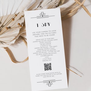 Gatsby I Spy with QR Code, Guest Photo Sharing, Wedding Game Card, Wedding Photo Share QR, Art Deco I spy Photo Share Template, SN200_PSQ