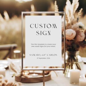 Plantilla de letrero personalizado, letreros de mesa románticos, minimalistas y editables. Crea tu propia decoración digital imprimible y elegante para bodas. SN999_S
