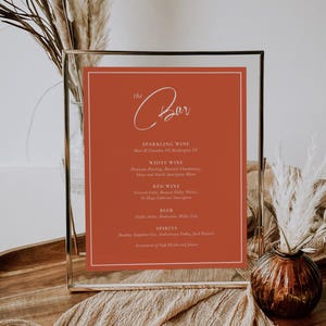 Orange Bar Menü Schild, Vivid VERONA Tangerine Hochzeit Getränkeliste Beschilderung, schickes italienisches Schild mit Rand, Weinkarte, alle bearbeitbar, SN066_M
