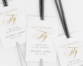 Gold Let Sparks Fly Tag, Editable, Sparkler Tag, Let Love Shine Tag, Sparkler Send Off, Wedding Sparkler Tags, Templett- SN024_STG