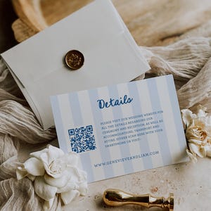 Carte à insérer avec code QR pour faire-part de mariage, boîtier à rayures preppy, bleu et blanc, lien vers le site Web, SN1200_I