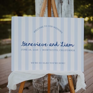 Striped Wedding Welcome Sign, Preppy Stripes, Blue and White Hand Drawn Signage, Whimsical DIY Template for Guest Greeting, SN1200_WB