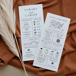 May include: A wedding program with a black and white design. The program includes a timeline of the wedding day, a list of the wedding party, and a map showing where the guests came from. The program also includes a QR code to see pictures from the wedding.