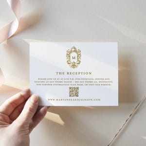 Rococo Reception Invite Insert with QR Code, Gold Crest Weding Venue Card, Editable Reception, Wedding Dinner Enclosure, SN1050G_RQ