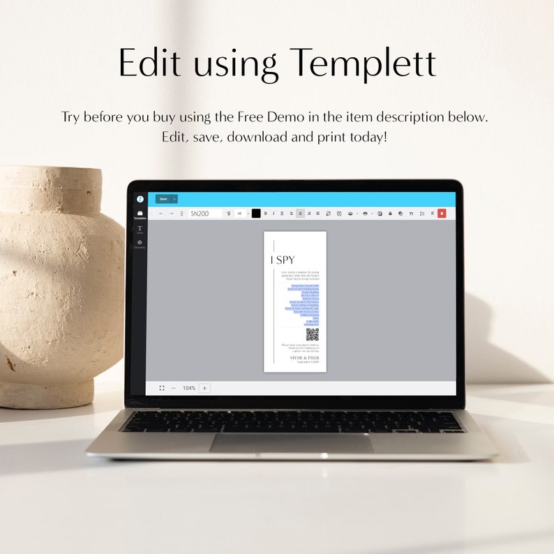 May include: A laptop screen displaying a digital template for a printable "I Spy" game. The template is designed in a minimalist style with black text on a white background. The text "I SPY" is at the top of the template, followed by a list of items to find. The template also includes a QR code.