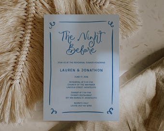 Whimsical The Night Before Rehearsal Dinner Invitation, Hand Drawn Template, Wedding Eve Party Invitation, Groom&#39;s Dinner, Welcome, SN300_RD