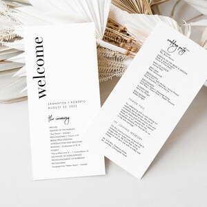 May include: A wedding ceremony programme with a simple, modern design. The programme includes the order of events, the names of the wedding party, and a thank you message to the guests. The programme is printed on white paper with black text.
