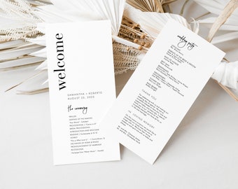 Pode incluir: Um programa de cerimônia de casamento com um design simples e moderno. O programa inclui a ordem dos eventos, os nomes da festa de casamento e uma mensagem de agradecimento aos convidados. O programa é impresso em papel branco com texto preto.
