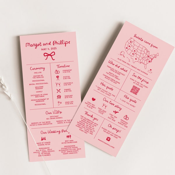 Bow Infographic Wedding Program, Whimsical Wedding Schedule & Icons, Order of Events, Coquette Bow Ceremony Program Itinerary, SN800_IP