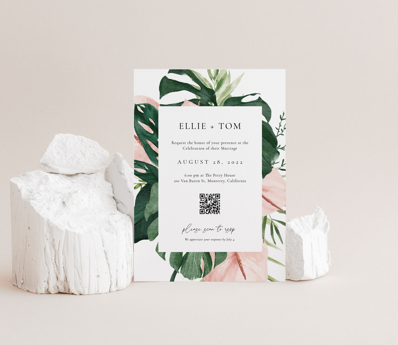 Tropical QR Code Wedding Invitation Digital Rsvp Monstera - Etsy