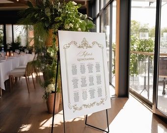 Gold Quinceanera Seating Chart, Hand Drawn Frame Mis Quince 15 Anos Table Plan, Baroque Guest Allocation Poster, Sweet 15, SN1100Q_QS