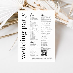 Könnte beinhalten: Ein schwarz-weißer Hochzeitsparty-Zeitplan mit den Worten "wedding party" in großen, fetten Buchstaben. Der Zeitplan enthält die Uhrzeit, das Datum und den Ort der Veranstaltungen sowie eine Liste, wer was bereitstellt. Der Zeitplan enthält auch einen QR-Code für weitere Informationen.
