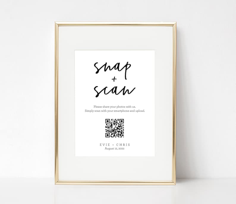 Modern Snap and Scan with QR Code Printable, Guest Photo Sharing, Oh Snap, Wedding Photo QR, hashtag Sign, Wedding Photos Sign, SN012_PSQ image 1