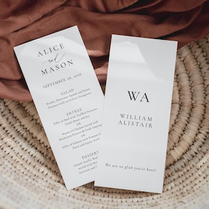 May include: Wedding menu cards with a white background and black text. The left card has the names Alice and Mason, the date September 28, 2026, and a list of the menu items: Salad, Entree, and Dessert. The right card has the names William Alistair and the text "We are so glad you're here!"