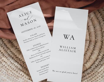 Guest Name Menu Template, Classic Minimalist Wedding Menu, Guest Initials and Name Menu, Place Card Menu, Double Sided, SN105_M