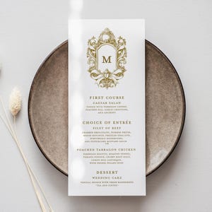 Monogram Crest Wedding Menu, Vintage Gold Hand Drawn Frame, Gold Ornate Victorian Editable Buffet Template, Romantic Rococo, SN1050G_M