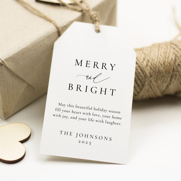 Christmas Merry and Bright Gift Tag, Classic Minimalist Tag, Happy New Year Tag, Simple Holiday Hang Tag, Editable Digital Xmas Tag, SN105_C