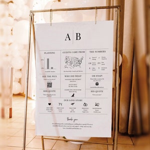Panneau de mariage infographique amusant, panneau de bienvenue unique, panneau de mariage avec icônes, anecdotes sur le mariage, panneau de mariage initiales modernes, SN015M_IS