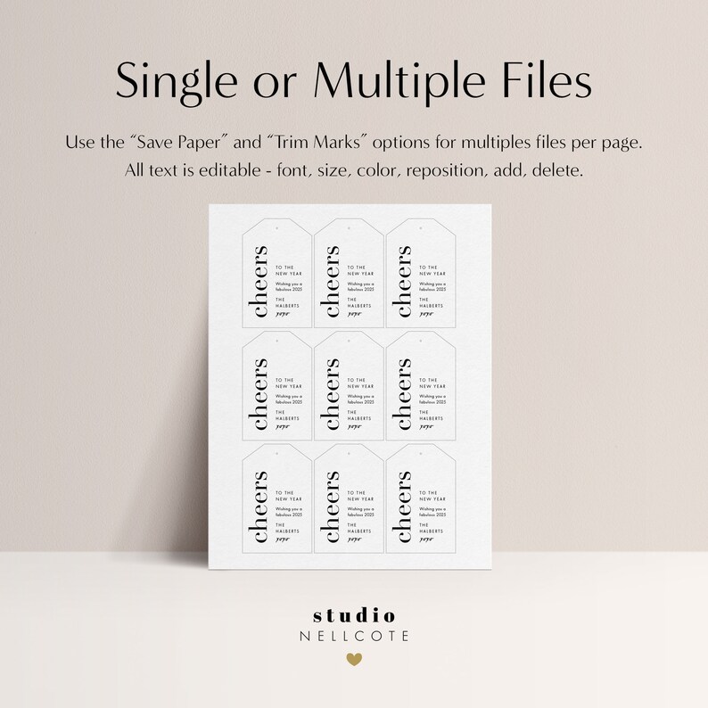 May include: Nine printable gift tags with the text "cheers" and "To the New Year" in a black and white minimalist design. The tags are designed to be printed on a single sheet of paper and cut out.