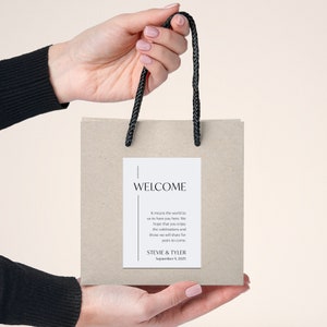 Chique label voor hotelwelkomsttas, labelsjabloon, label welkomsttas voor hotelbruiloft, welkomsttasset, hotelwelkomst voor gasten, SN250_WBG