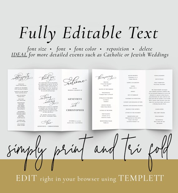 Tri Fold Wedding Program Template Calligraphy Tri Fold Etsy