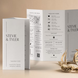 Schickes Hochzeits-Infografik-Tri-Fold-Programm, Hochzeitszeitplan, Hochzeits-Icons, gefaltetes Heft, Reihenfolge der Ereignisse, lustiger Zeremonie-Reiseplan, SN250_IP