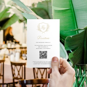 Gold Directions Card with QR Code, Weding Crest Printable Location Enclosure Template, Monogram Google Maps Link Insert, SN080B_DQR
