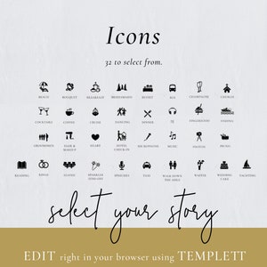 May include: A set of 32 black and white icons for a wedding website. The icons include a beach, bouquet, breakfast, bridesmaids, buffet, bus, champagne, church, cocktails, coffee, cruise, dancing, dinner, finger food, fishing, groomsmen, hair and makeup, heart, hotel check-in, microphone, music, photos, picnic, reading, rings, seated, sparkler send-off, speeches, taxi, walk down the aisle, waiter, wedding cake, and yachting. The text "Icons" and "32 to select from." is at the top of the image. The text "select your story" is in the middle of the image. The text "EDIT right in your browser using TEMPLETT" is at the bottom of the image.