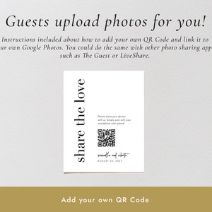 May include: A white card with a black QR code and the text "share the love" in a black, vertical, sans-serif font. The text "samantha and roberto" and "AUGUST 23, 2023" are also in black, sans-serif font. The card has the instructions "Please share your photos with us. Simply scan with your smartphone and upload."