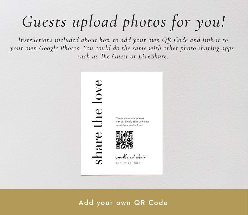 May include: A white card with a black QR code and the text "share the love" in a black, vertical, sans-serif font. The text "samantha and roberto" and "AUGUST 23, 2023" are also in black, sans-serif font. The card has the instructions "Please share your photos with us. Simply scan with your smartphone and upload."