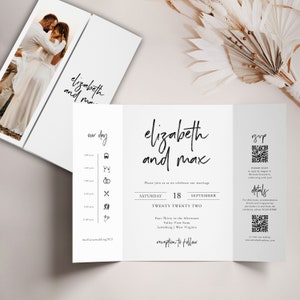 Modern Script Gatefold Wedding Invitation with QR Code, Minimalist Folded Invitation, Gate-fold with Icons, Monogram Gate Fold, SN033_GFQ