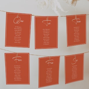 Gráfico de tarjetas para asientos en color naranja intenso, tarjetas para asientos de boda inspiradas en Dolce Vita, plantilla de tarjeta de boda italiana, tarjetas de mesa para hacer tú mismo, SN066_SC