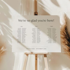 May include: A white wedding seating chart with the text "We're so glad you're here!" at the top. The chart is divided into three columns labeled "One", "Two", and "Three". Each column lists names of wedding guests. The bottom of the chart reads "Stevie & Tyler September 9, 2025".