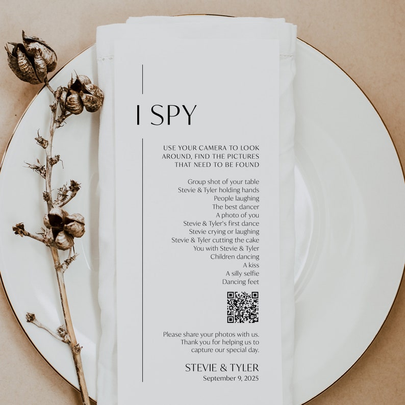 May include: A white card with the text "I Spy" and instructions to find pictures in the image. The text also includes the names Stevie & Tyler and the date September 9, 2025.