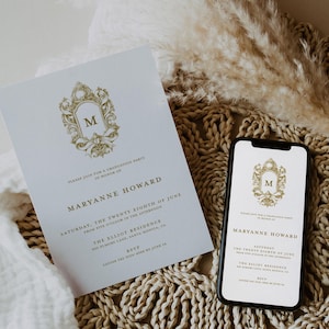 May include: A white and gold graduation invitation with an ornate gold frame and the letter "M" in the centre. The invitation reads "Please join for a graduation party in honour of Maryanne Howard, Saturday, the twenty eighth of June from five o'clock in the afternoon, The Elliot Residence, 900 Elmore Lane, Santa Monica, CA. RSVP Louise 240 5134-4506 by June 14."