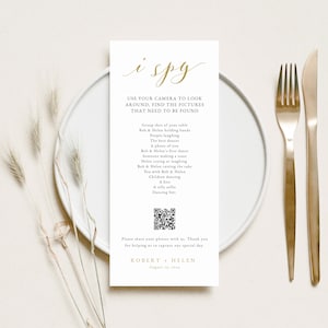 Gold I Spy with QR Code, Guest Photo Sharing, Wedding Game Card, Photo Share QR, Calligraphy I spy Photo Share, Photo Hunt Game, SN029_PSQ