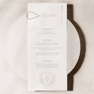 Menu with Name Card, Place Tag Menu, Gold Wedding Crest Menu and Place Card in One, Monogram Menu and Name Card Template - SN080B_MPC