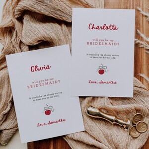 Voorstelkaart bruidsmeisje met kersen en strik, Coquette Will You Be by Bridesmaid Afdrukbaar, grillige sjabloon, verzoek bruidsmeisje, SN799_BP