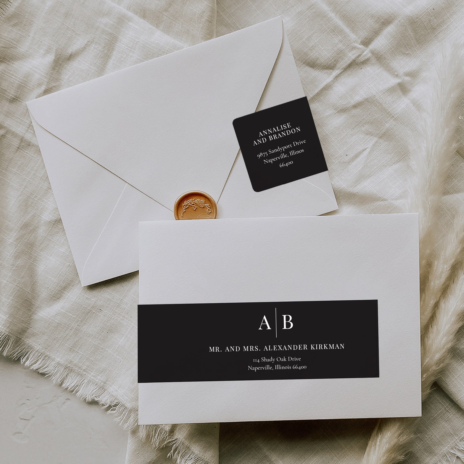 Black Modern Initials Wedding Wrap Around Address Labels, Printable ...