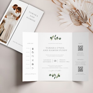 Eucalyptus Gatefold Wedding Invitation with QR Code, Greenery Folded Invitation, Gate-fold Invite with Icons,  Rustic Gate Fold, SN014F_GFQ
