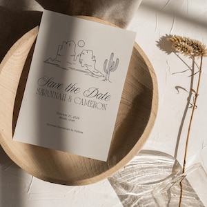 Modern Western Save the Date Card, Minimalist Wild West Style with Hand Drawn Graphic, Cactus and Mountains Editable Template, SN020W_STD